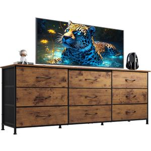 WLIVE 63''W Dresser for Bedroom, Dresser TV Stand for 65, 70, 75 inch TV, Wide Chest of Drawers with 9 Drawer, Large Entertainment Center, Fabric Dressers with Wood Top for Living Room, Rustic Brown