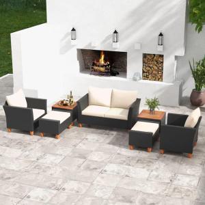 Black 7-Piece Wicker Outdoor Sectional Set with White Cushions, Box #2 Of 2, Bench With Cushions, Tables And Legs Only