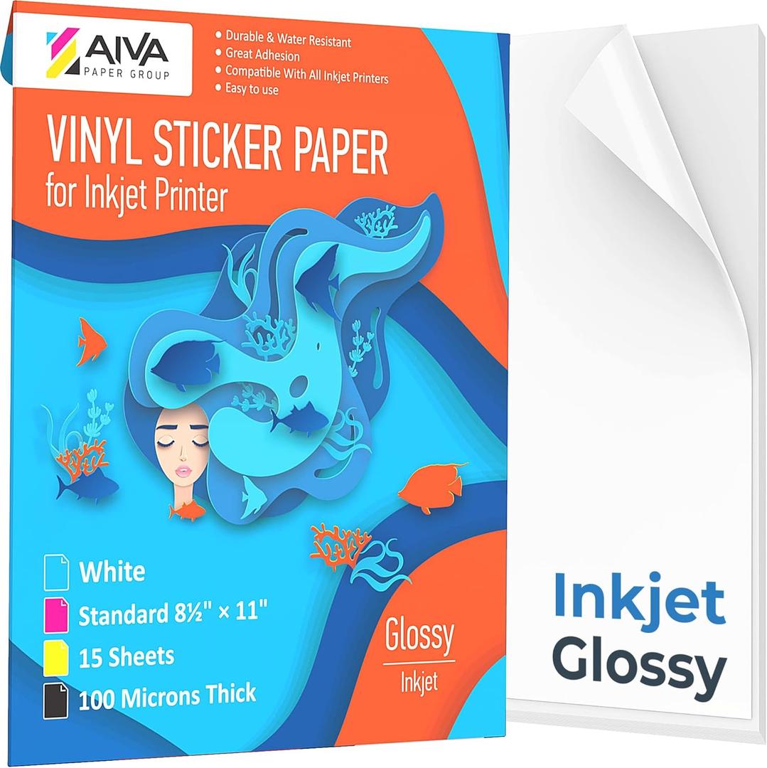 Limia's Care Printable Vinyl Sticker Paper for Inkjet Printer - Glossy White - 15 Self-Adhesive Sheets - Waterproof Decal Paper - Standard Letter Size 8.5"x11"