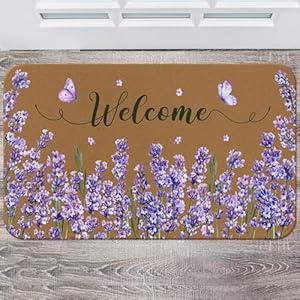 Ceenna Spring Welcome Mats Spring Lavender Flower Coir Door Mat Purple Flower Print Decoration Indoor Outdoor Entrance Non Slip Doormats for Spring Summer Lavender Front Door Rugs, 29.5 x 17.7 Inch 