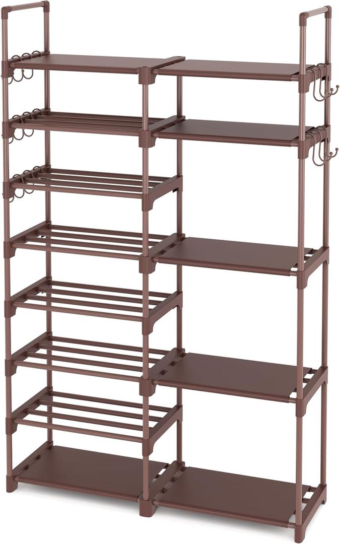ROJASOP Shoe Rack Organizer, 8-Tier Metal Shoe Rack for Closet Entryway Garage, 26-32 Pairs Tall Shoe Boot Storage Shelf with 15 Hooks, Stackable Large Shoe Stand, Brown