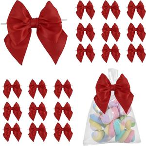 LiBongTa 4 Inch Red Gift Bow Satin Ribbon Bows for Crafts, Pre-Tied Bows, Twist Tie Bow for Treat Bags, Premade Decorative Bow, Wrapping Bows for Presents, Wedding, Baby Shower-24 Counts