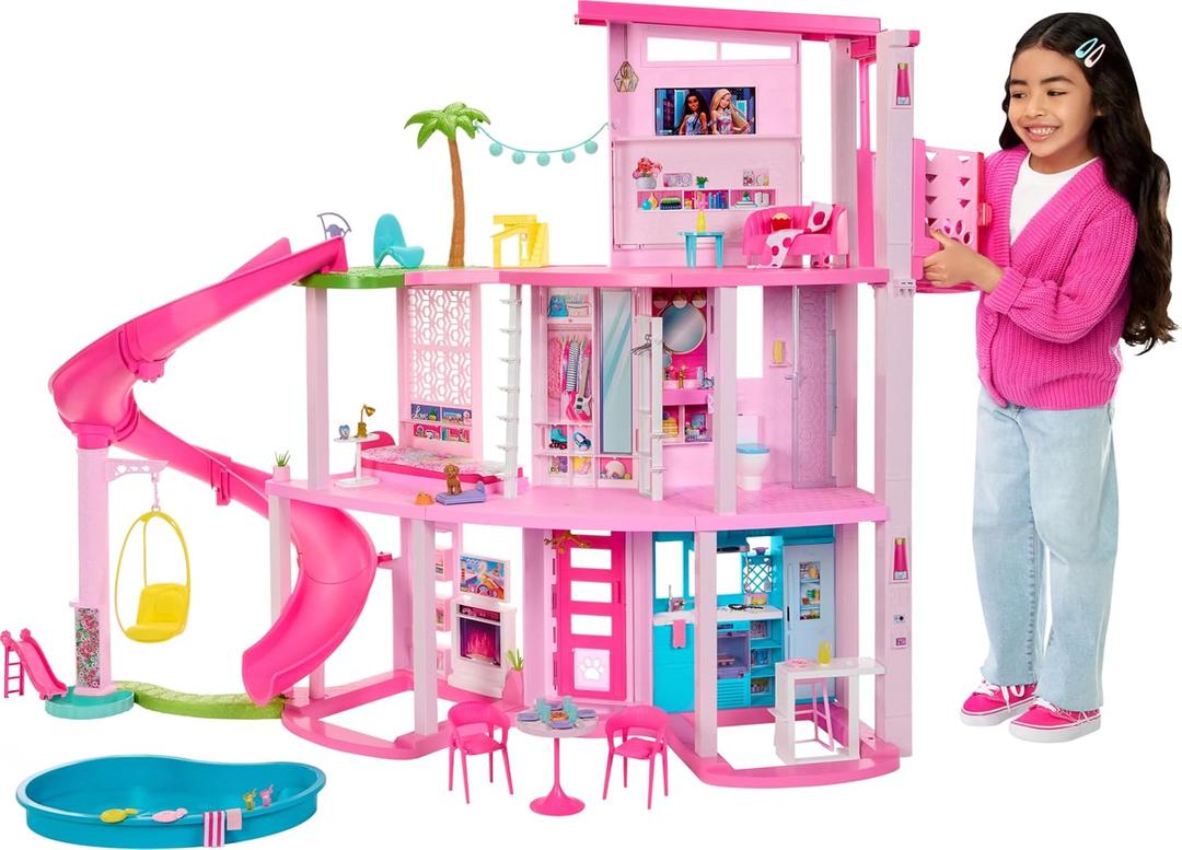 Barbie Dreamhouse, Pool Party Doll House with 75+ Pieces and 3-Story Slide, House Playset, Pet Elevator and Puppy Play Areas, One Size