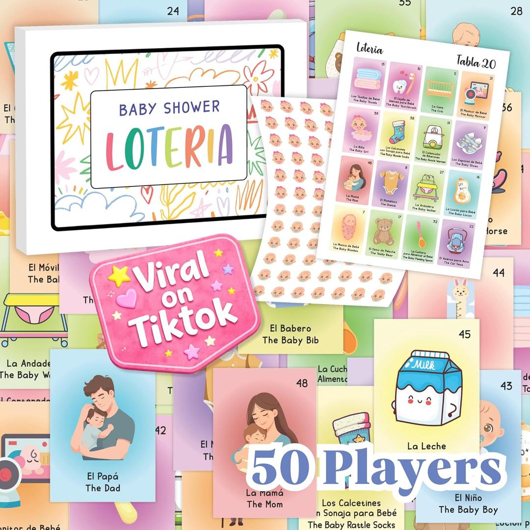 WOODAMORE Baby Shower Games for Girls and Boys - Baby Shower Loteria Bilingual Activities for Kids Ideas, Funny Party Bingo Game Loteria Cards in Spanish and English for 50 Players