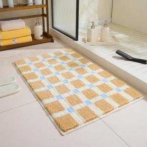 GIB Bathroom Rugs Mat 24" x 16", Extra Soft Absorbent Plush Fluffy Bath Rugs, Non-Slip Washable Bath Mats for Bathroom Floor Shower Home Decor Accessories, Warm Beige Cream Checkered with Blue Accents