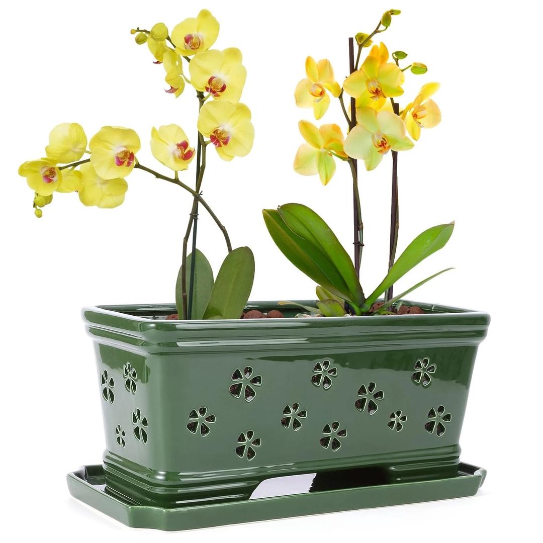 Green Ceramic Orchid Planter Pots with Holes and Saucers - 10x4.3x4.3Inch Breathable Slotted Orchid Pots for Gardening and Repotting