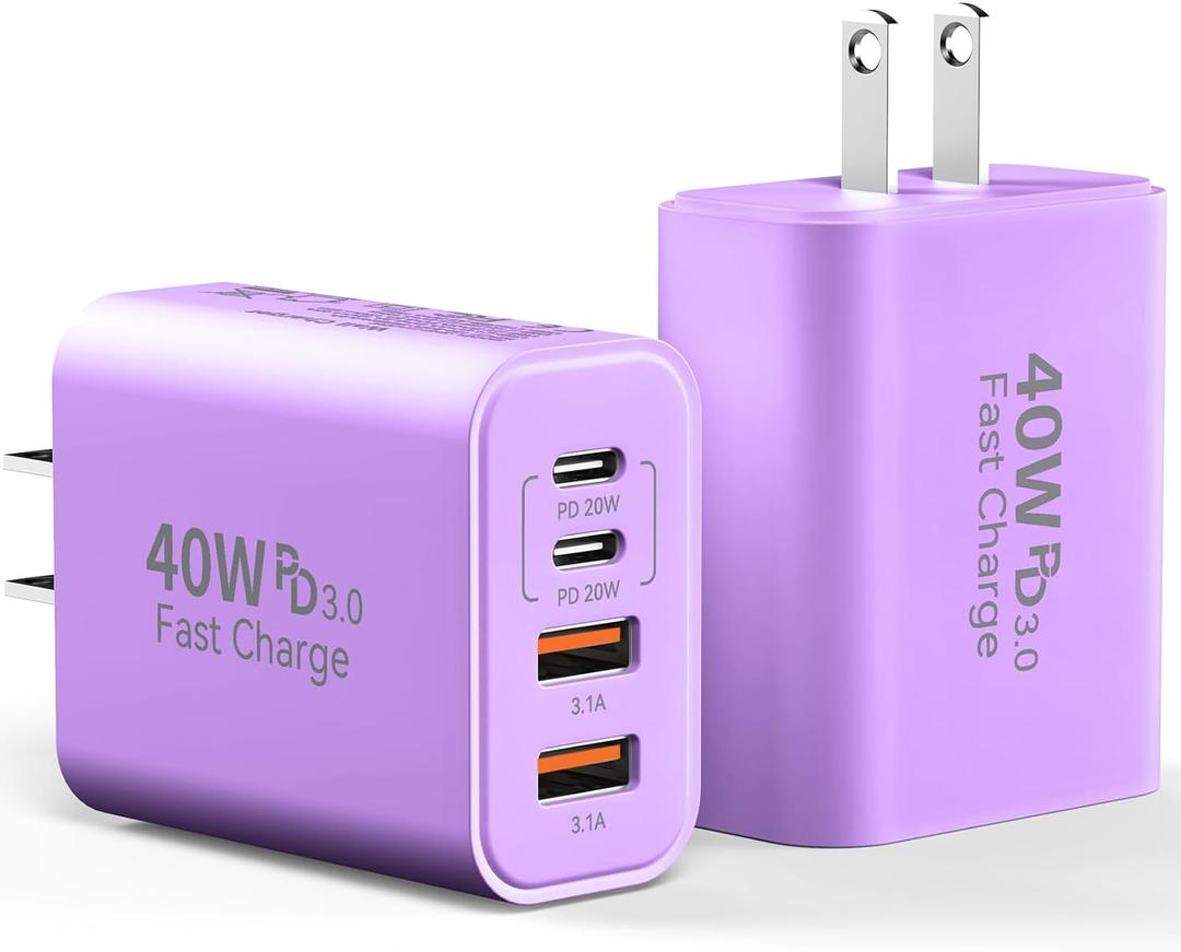 USB C Wall Charger Block, 2Pack 40W 4-Port C Charger Fast Charging Block PD Power Adapter +QC 3.0 USB A Wall Plug Multiport Type C Box Cube for i Phone 15/14/13/12/11 Pro Max,pad, Galaxy,Purple