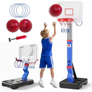 2-in-1 Toddler Basketball Hoop with Ring Toss Game, Adjustable 2.55.5 Ft Indoor & Outdoor Kids Basketball Set with Mini Balls, Rings, Pump & Stable Base | Sports Toy for Boys & Girls Ages 13+