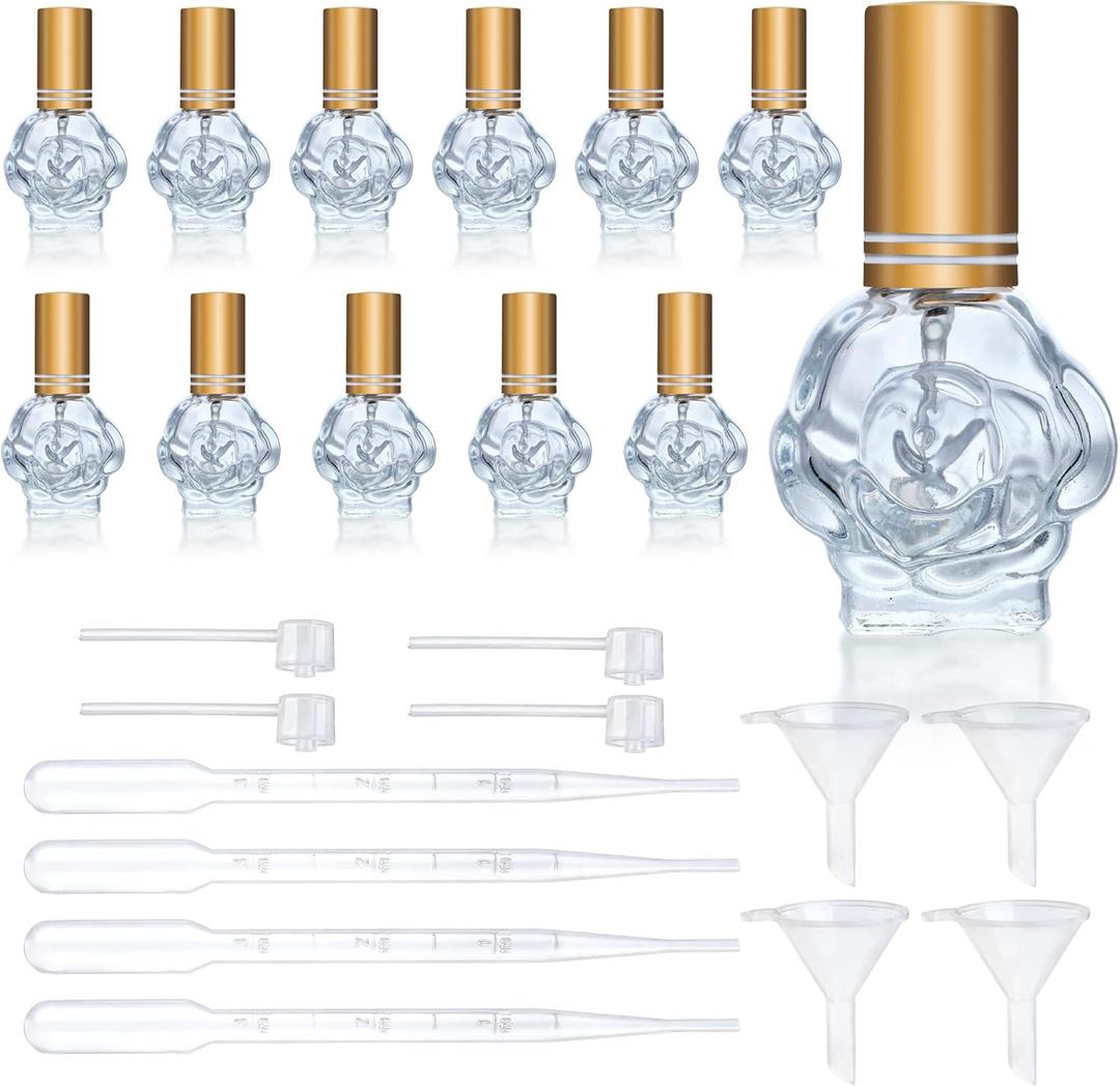 YU FENG 12pcs 10ml Glass Perfume Bottles Empty Atomizer Refillable Glass Spray Bottle With Funnels Pipettes Dispensers Portable Fragrance Bottle for Travel (Gold-5)