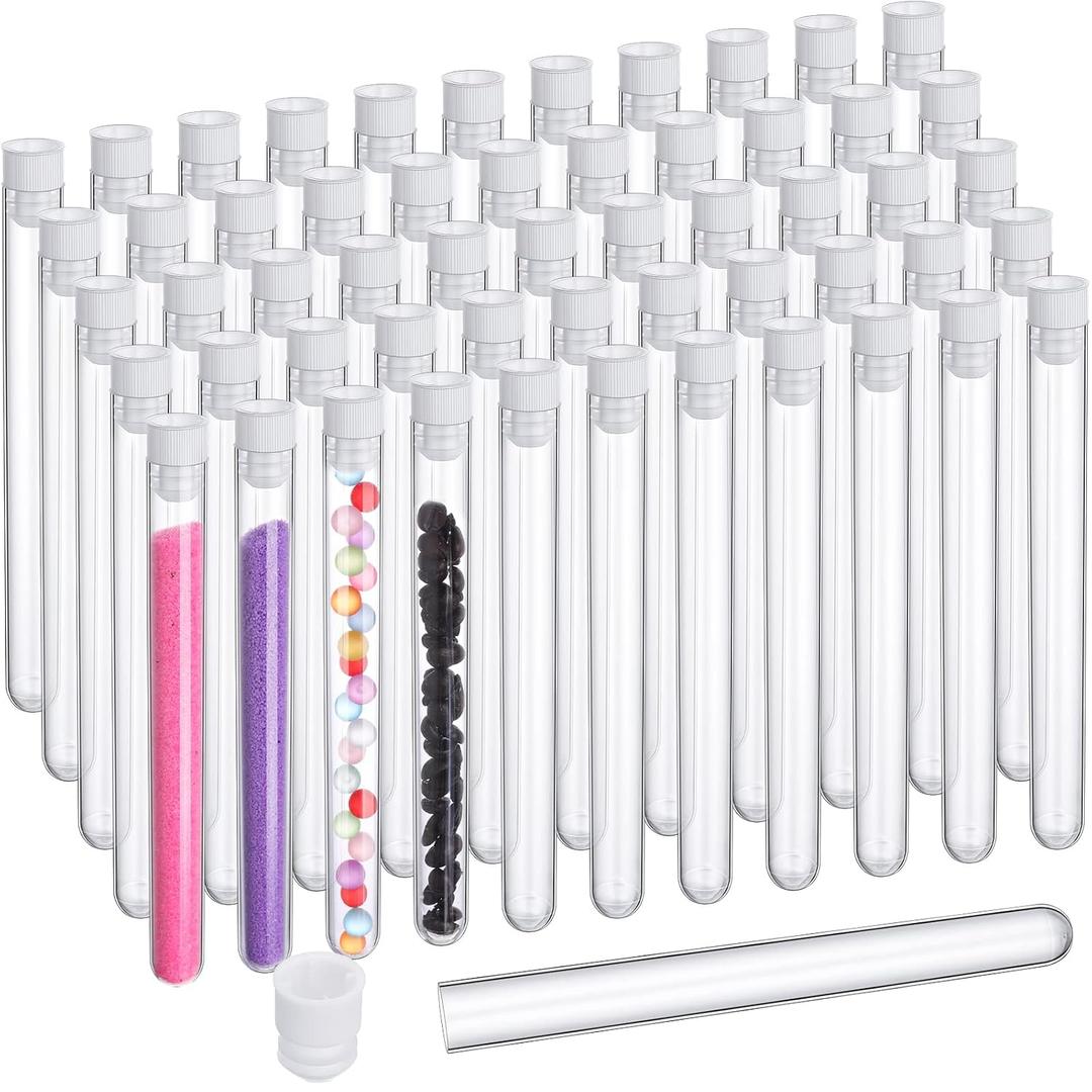 Hoteam 100 Pcs Clear Test Tubes with Lids Plastic Tube Plastic Vials for Scientific Experiments Party Supplies Birthday Candy Storage Seed Beads Powder Spice Liquid (White Lid,16 x 150 mm)