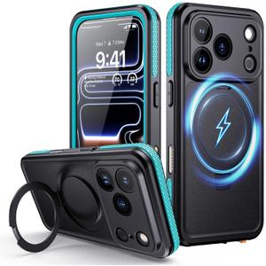 Lanhiem Magnetic for iPhone 17 Pro Waterproof Case, Dustproof Case Built-in Screen Protector, [Fit for MagSafe] [Invisible Stand] Shockproof Heavy Duty Underwater Case for iPhone 17 Pro (Blue)