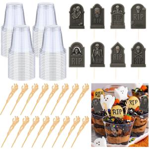 Honeydak 48 Set DIY Halloween Dirt Cups for Party Halloween Skeleton Hand Decorations Graveyard Tombstone Cake Toppers with Horror Zombie Hands Plastic Dessert Cups for Ghost Party(9 oz,Zombie Hands)