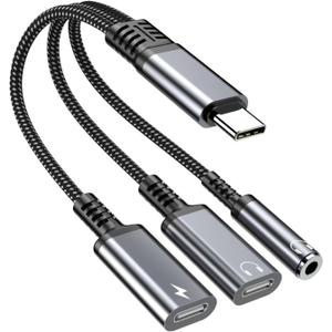USB-C to 3.5mm Headphone and Charger Adapter, 3 in 1 Dual Type C Aux Splitter Charger Headphone Jack Dongle Cord Compatible for iPhone 15/16/17 Pro/Max/Plus, iPad, Samsung Galaxy S23/S24 Ultra (Grey)