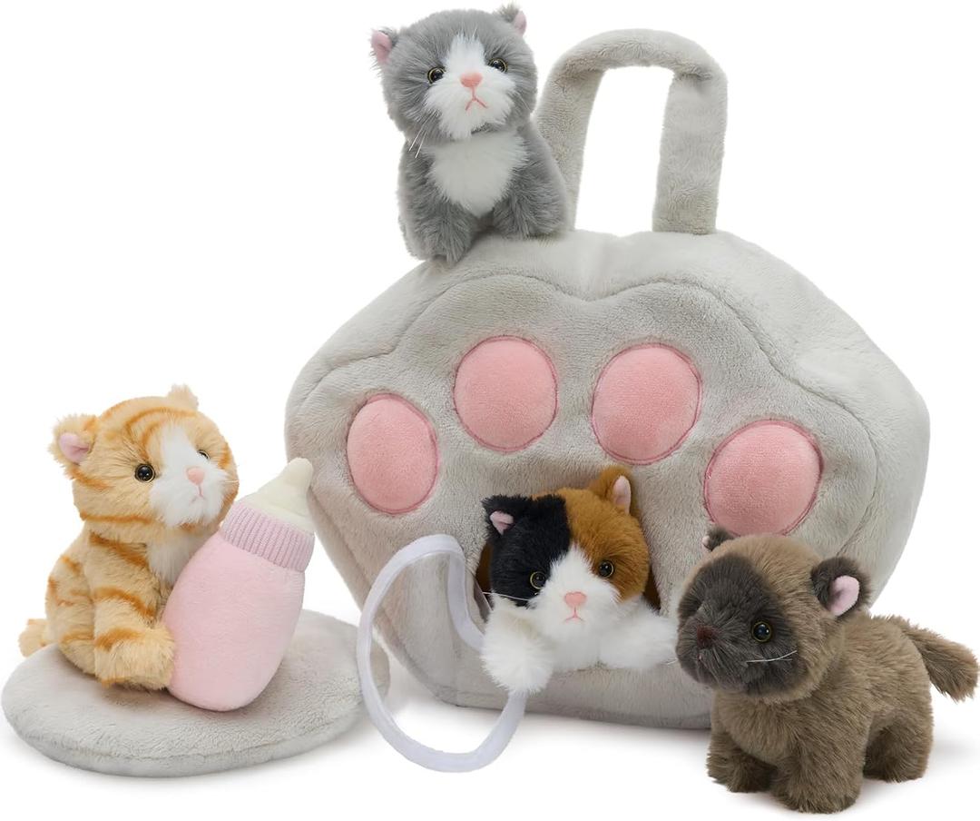 Tezituor 7Pcs Cat Stuffed Animal Set,Plush House with 4 Soft Realistic Kitten Toys,Cats Plushies for Kids Christmas Birthday Halloween Pet Gift Interactive & Travel-Friendly Kitties Carrier Playset