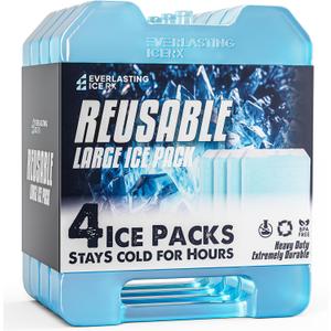Everlasting Ice RX Large Reusable Ice Packs for Cooler with Handle (4 Pack) Long Lasting Coolness, BPA Free, Freezer Packs for Extended Cooling | Cooler Ice Packs for Camping, Fishing, Hiking, Beach