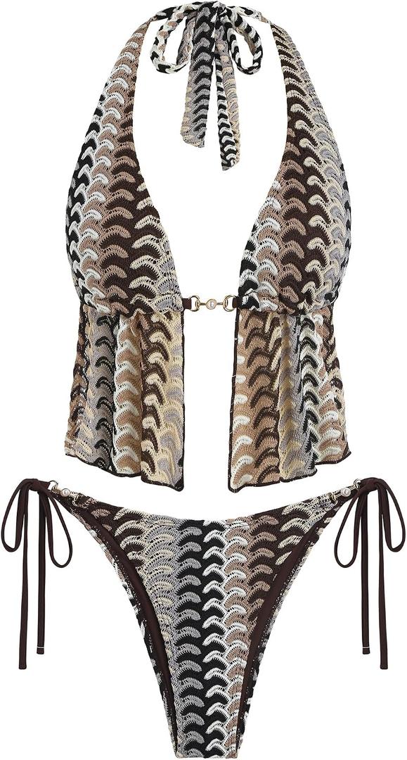 ZAFUL Women Striped Halter Bikini Set Backless String Tankini Tie Side Swimsuit Cheeky 2 Piece Bathing Suit, Medium