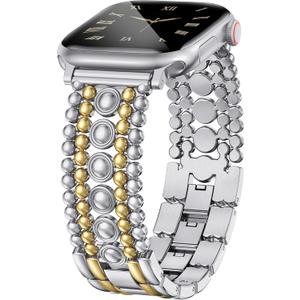 Minyee Compatible with Apple Watch Band 42/46/38/40/41/44/45/49mm Women, Dressy Pretty Stainless Steel Metal Strap Fancy Studded Designer Link Bracelet for iWatch Series 11 10 9 8 7 6 5 4 SE/Ultra 3 (Silver/Gold)