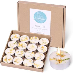 Jasmine Scented Tealight Candles 16 Pack - 4-Hour Palm Wax White Tea Lights, Plant Dried Flower Scented Tea Candle (Paraffin-Free), Votive Candles for Home/Yoga/Bath/Meditation