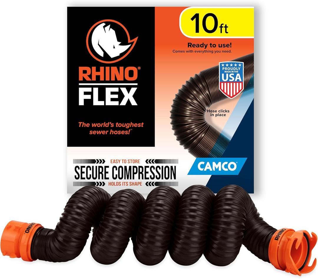 Camco RhinoFLEX 10 Camper/RV Sewer Hose Extension - Features Collapsible Design for RV Storage - Includes Pre-Attached Lug & Bayonet Fitting -Heavy Duty Polyolefin & Reinforced w/Steel Wire (39774)