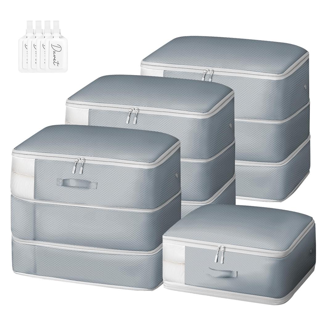 Easortm Comforter Storage Bag - Large Capacity Blanket Storage Bags 3-Layer Ultra Space Saving Self Compression Organizer, Washable Compression Bags for Storage Comforter Blanket, 4-Pack, Grey 