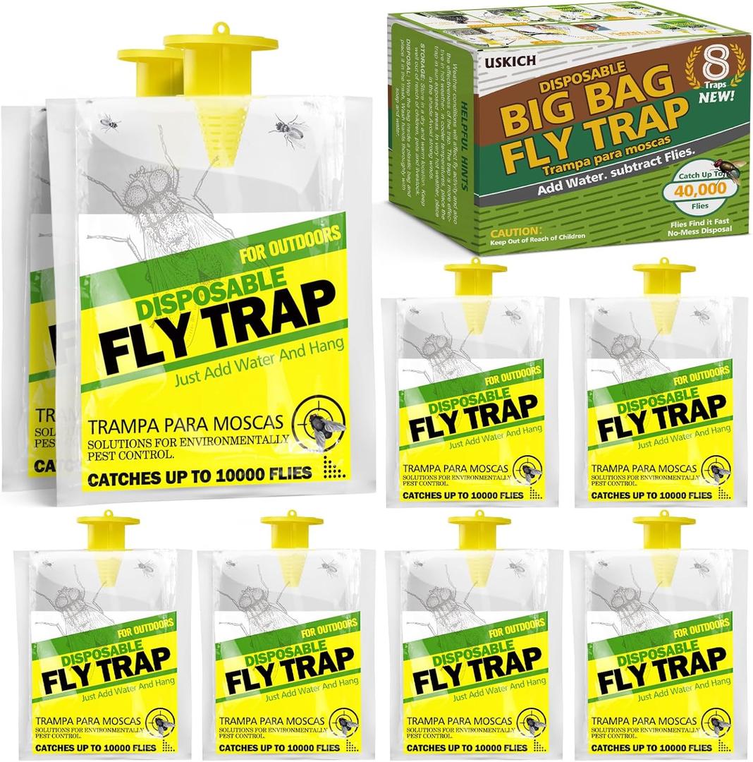 8 Pack Outdoor Hanging Fly Traps, Disposable Flies Killer Trap Bag Catcher with Natural Attractant Bait Bug Catcher and Flying Insect Trap for Outdoor Family Farm Park Orchard Garden (Yellow)