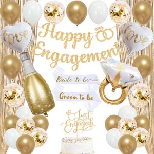 Trgowaul Champagne Gold Engagement Party Decorations, Happy Engagement Banner Backdrop, Bride&Groom Sash for Bridal Shower, Ring Foil Balloon, Just Engaged Cake Topper Wedding Shower Decor