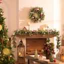 Valery Madelyn 9 Ft Pre-Lit Christmas Garland with Lights for Mantle, Lighted Outdoor Xmas Garland with Red Green White Balls Norfolk Pine for Stairs Fireplace Table Centerpiece Indoor Holiday Decor