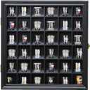 Shot Glass Display Case Wooden Cabinet Rack Holder Wall Mounted Black Shadow Box Lockable with UV Protection Acrylic Glass Door Shot Glass Storage Display with Removable Shelves, 16.5"x16.2", 36 Slots