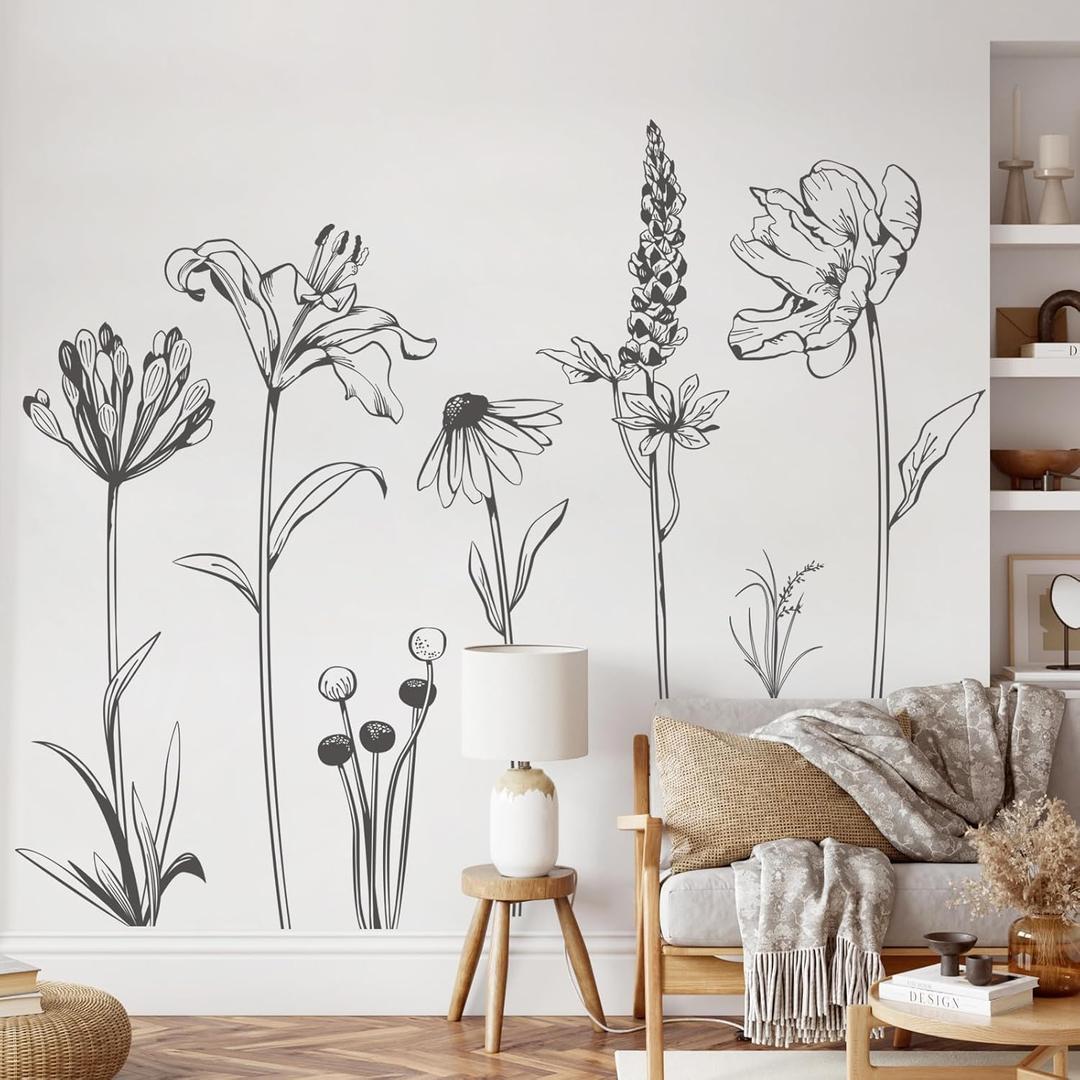 Large Boho Black Flower Wall Decals Simple Sketch Wildflower Floral Wall Stickers for Girls Bedroom Living Room Bathroom Office Adult Home Decor