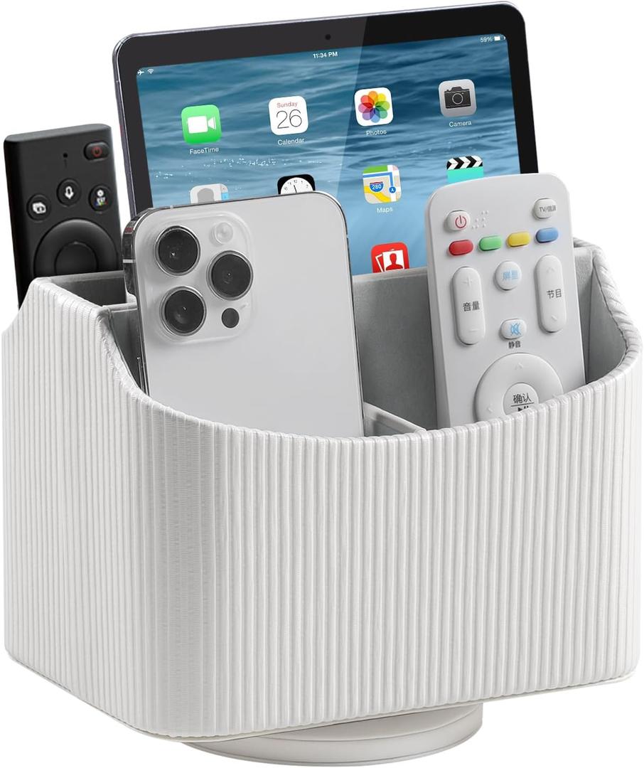 PU Leather Remote Control Holder, 360 Degree Rotating Desk Organizer Storage Table Remote Caddy, Spinning Bedside Organizer Nightstand Organizer for Desktop Office Home (White)