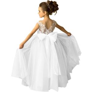 Lace Applique Tulle Flower Girl Dress for Wedding Sleeveless Long Satin Bow Knot V-Back Elegant Formal Dresses (6, White)