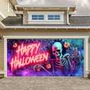 Halloween Garage Door Banner 13x6ft Neon Skeleton Decor Happy Halloween Sign Pumpkin Lantern Brick Wall Spider Web Spooky Party Decorations Creepy Backdrop Indoor Outdoor
