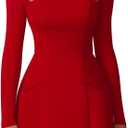 XXTAXN Women's Sexy Fashion Square Neck Long Sleeve Work Party A Line Mini Dress with Pocket (Red)