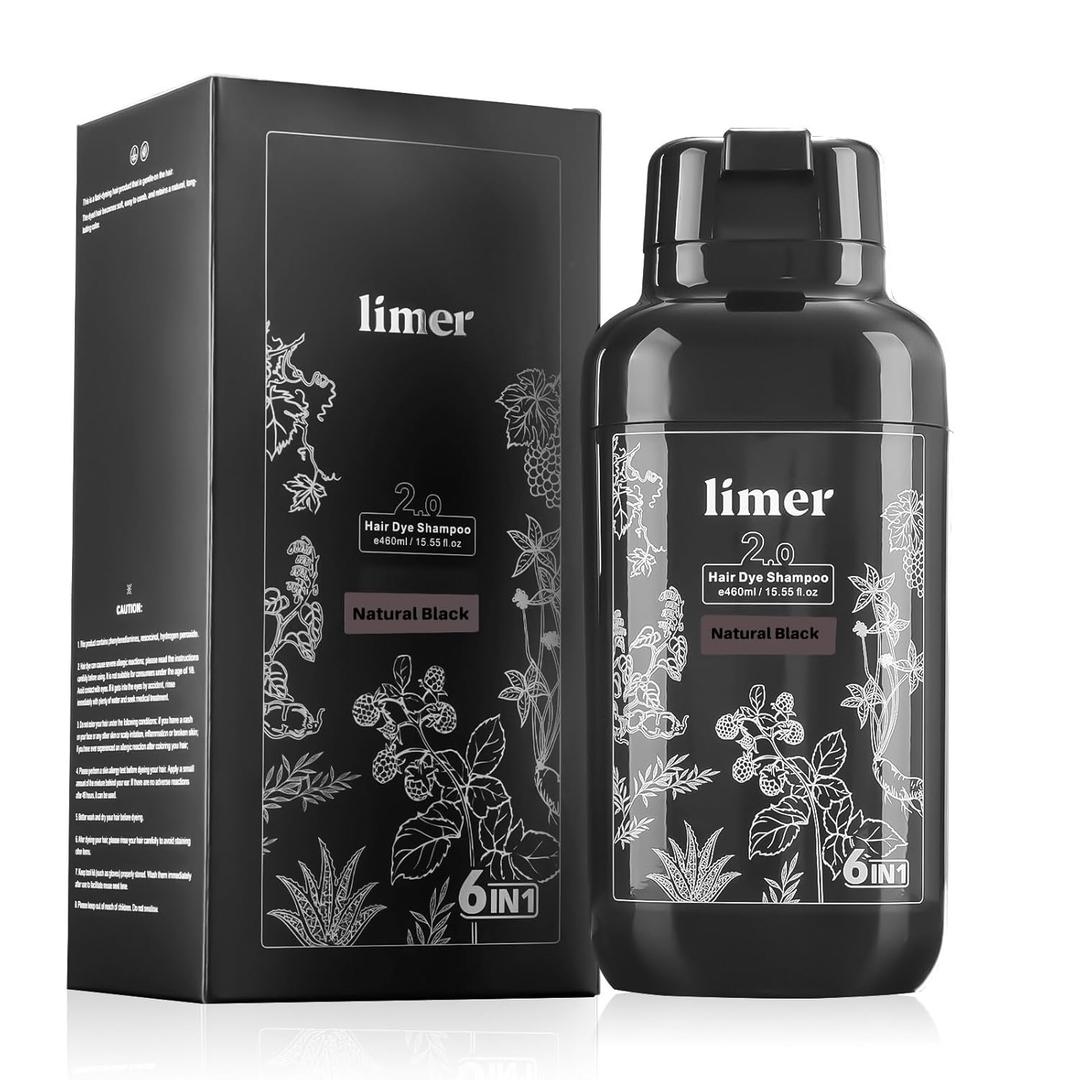 Limer Hair Dye Shampoo Natural Black, 3 in 1 Hair Color for Gray Coverage Men and Women, Herbal Ingredients Natural Shampoo Para Pintar el Cabello, Semi-Permanent Champu Para Canas(15.55fl oz/460ml)