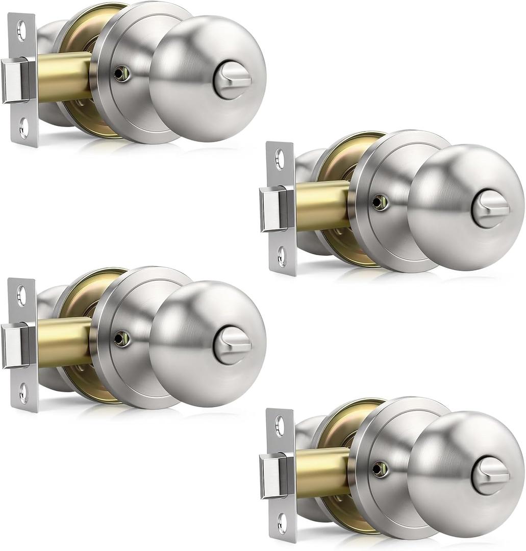 Privacy Door Knob with Lock, Keyless Door Knob Interior for Bedroom and Bathroom, Easy Install Round Knob for Standard Doors, Satin Nickel, 4 Pack