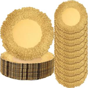 Didaey 24 Pack Metallic Charger Plates 13inch Round Elegant Serving Plates Plastic Disposable Chargers Bulk Dinnerware Set for Dinner Wedding Party Events Catering Decoration (Gold,Embossed Rim)