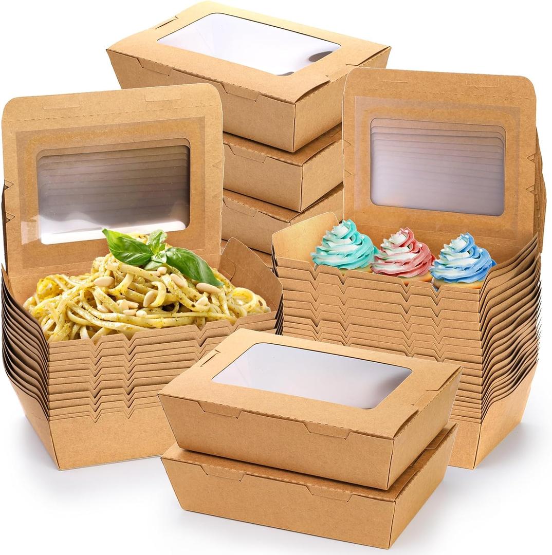 50 Pack Take Out Food Containers with Window, 40 oz Paper Catering To Go Pastry Boxes Kraft Brown, Disposable Cater Tek, Microwaveable Cardboard Lunch Meal Box Leak and Grease Resistant