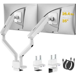 MonTEK Dual Monitor Arm with USB, Mechanical Spring Monitor Arm for 17-35" Screens, Adjustable Monitor Desk Mount Each Holds up to 26.4 lbs with C Clamp/Grommet Desk Mount, VESA 75/100mm (White)