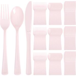 Supernal 300 Pieces Pink Plastic Silverware Heavy Duty Disposable Silverware Pink Utensils Disposable Cutlery Set 100 Forks 100 Knives 100 Spoons for Wedding Party Supplies Everyday Use