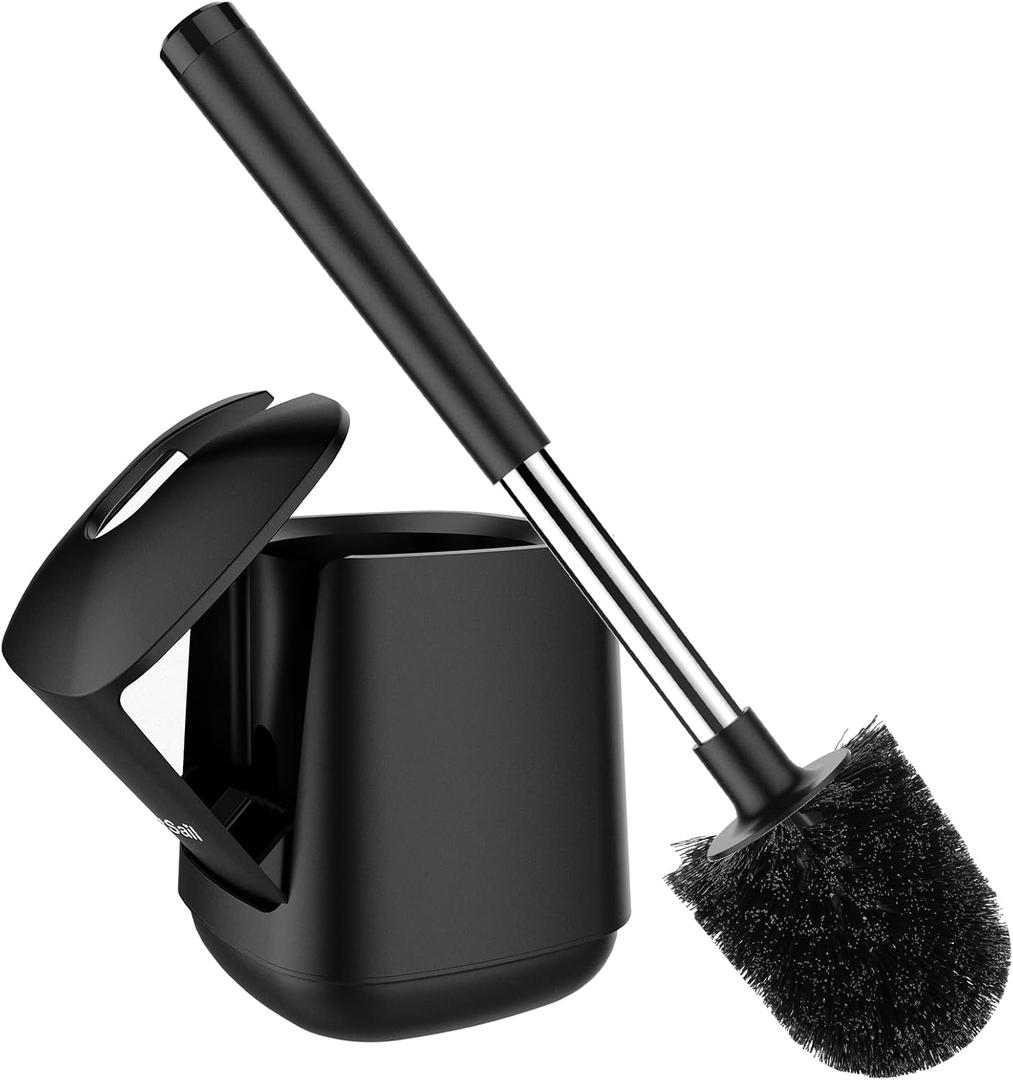 SetSail Toilet Brush and Holder, Self Closing Lid Toilet Bowl Brushes Holder and Extra Long Handle Ventilated Toilet Brush Set for Bathroom Cleaning, Nylon Bristles, Black (1 pack)