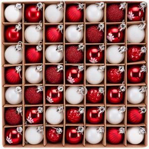 DecorbyHannah Mini Red White Christmas Ornaments, 49ct 1.18 inches Small Dog Themed Ornaments for Christmas Tree Decorations, Shatterproof Plastic Hanging Ball Set for Xmas Party Table Decor