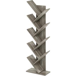 Furinno TREE Book Shelf, 9-Tier Bookshelf, Tree Bookcase with Angled Open Shelf, 8.4 x 15.7 x 50.9, for Room Decor, for Living Room, Bedroom, Home Office, French Oak