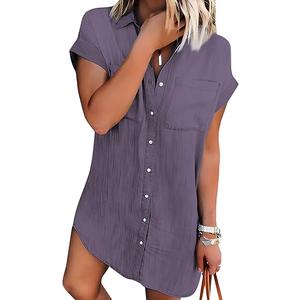 Zilcremo Women Denim Shirt Dresses Short Sleeve Distressed Jean Dress Button Down Casual Tunic Tops Purple M