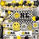 199pcs One Happy Dude Birthday Decorations, All-in-1 One Happy Dude Supplies Pack with 20pcs Plates, Napkins, 2pcs Tablecloth, Balloon Arch for First Birthday Decorations for Boy, 20 Guests