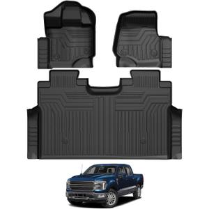 Falafa Floor Mats Fit for 2015-2025 Ford F-150/2022-2025 F150 Lightning SuperCrew Cab(Rear w/o U-Seat Flat Storage), TPE All Weather Floor Liners, Custom Fit F150 Truck Mats, 1st and 2nd Row