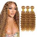 #27 Honey Deep Wave Human Hair Bundles 3 Bundles Deep Wave Hair Brazilian Virgin Human Hair Extensions Unprocessed Hair Bundles for Women 26 28 30 Inch 300g