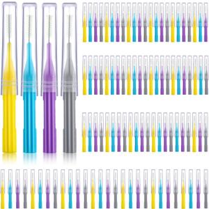 Patelai 100 Pieces Braces Brush for Cleaner Interdental Brush Toothpick Dental Flossing Head Oral Hygiene Flosser Tooth Cleaning Tool (Light Blue, Yellow, Gray, Purple)