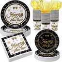 Mimorou 400 Pcs Happy New Year Disposable Tableware Set Black Gold Clock Paper Plates Napkins Cups Plastic Spoons Forks Knives New Year Eve Party Dinnerware Set for Christmas Lunar Years Party