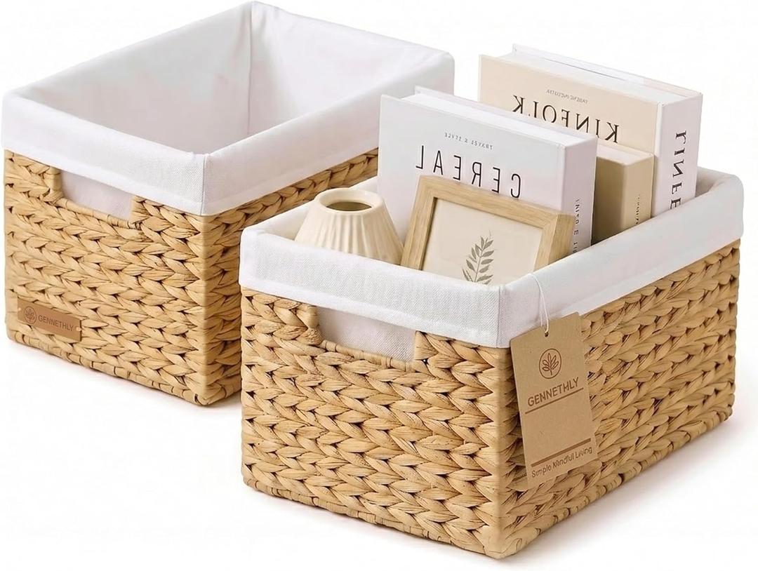 Water Hyacinth Wicker Baskets for Storage, Handwoven Rattan Shelf Basket for Organizing Pantry Closet Bedroom, 100% Natural Decorative Woven Organizer with Handles and Waterproof Canvas, 2 Pack