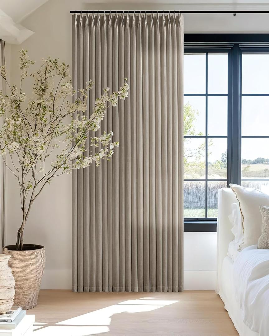 Pinch Pleat Linen Sheer Curtains 102 Inches Long 70 Inch Wide for Patio Sliding Door Light Filtering Semi Sheer Pleated Drapes Back Tab Taupe Tan Extra Wide 70 x 102 Curtain for Living Dining Room